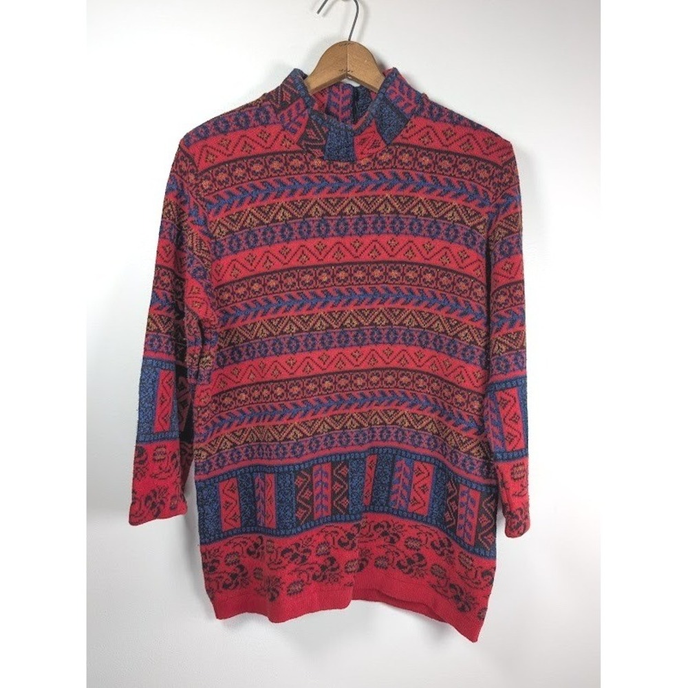 Parkhurst Canada Sweater Women Size Large Fair Isle Mock Neck Nordic Vintage 90s